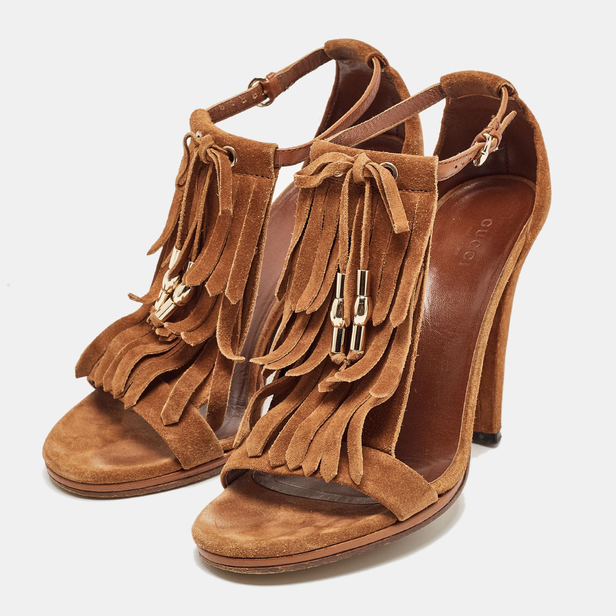 Gucci Brown Suede Fringe Bow Ankle Strap Sandals Size 36 For Sale 4