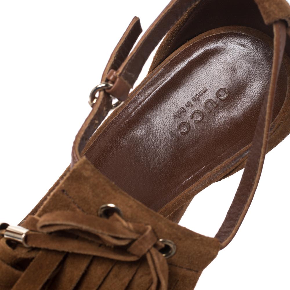 Gucci Brown Suede Fringe Bow Slingback Sandals Size 39.5 For Sale 3