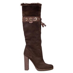 Gucci Brown Suede Fur Lined Tassels Accent Boots Size US 7