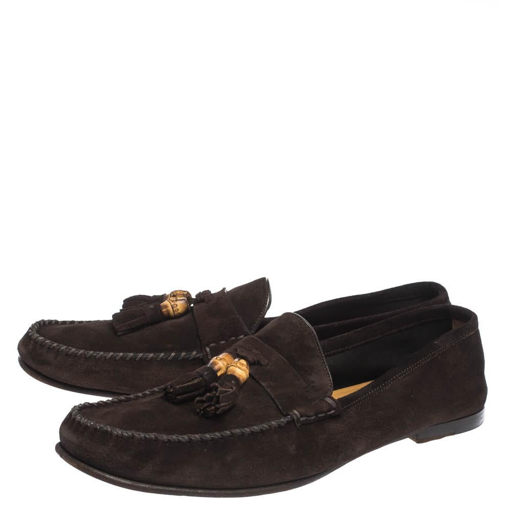 Gucci Brown Suede Leather Bamboo Tassel Slip On Loafers Size 43.5 In Good Condition In Dubai, Al Qouz 2