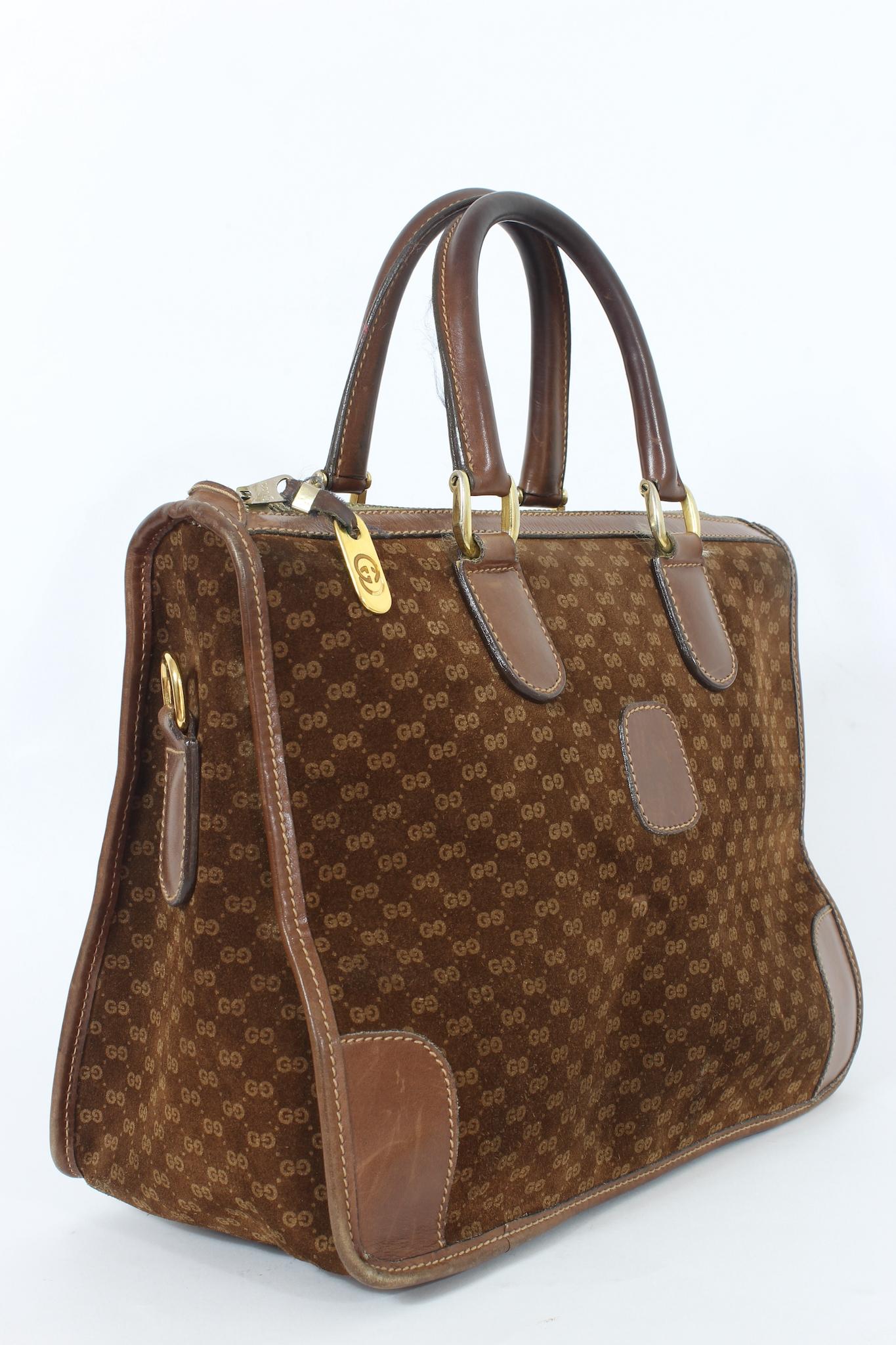 Gucci Brown Suede Leather Monogram Vintage Bag 70s In Excellent Condition For Sale In Brindisi, Bt
