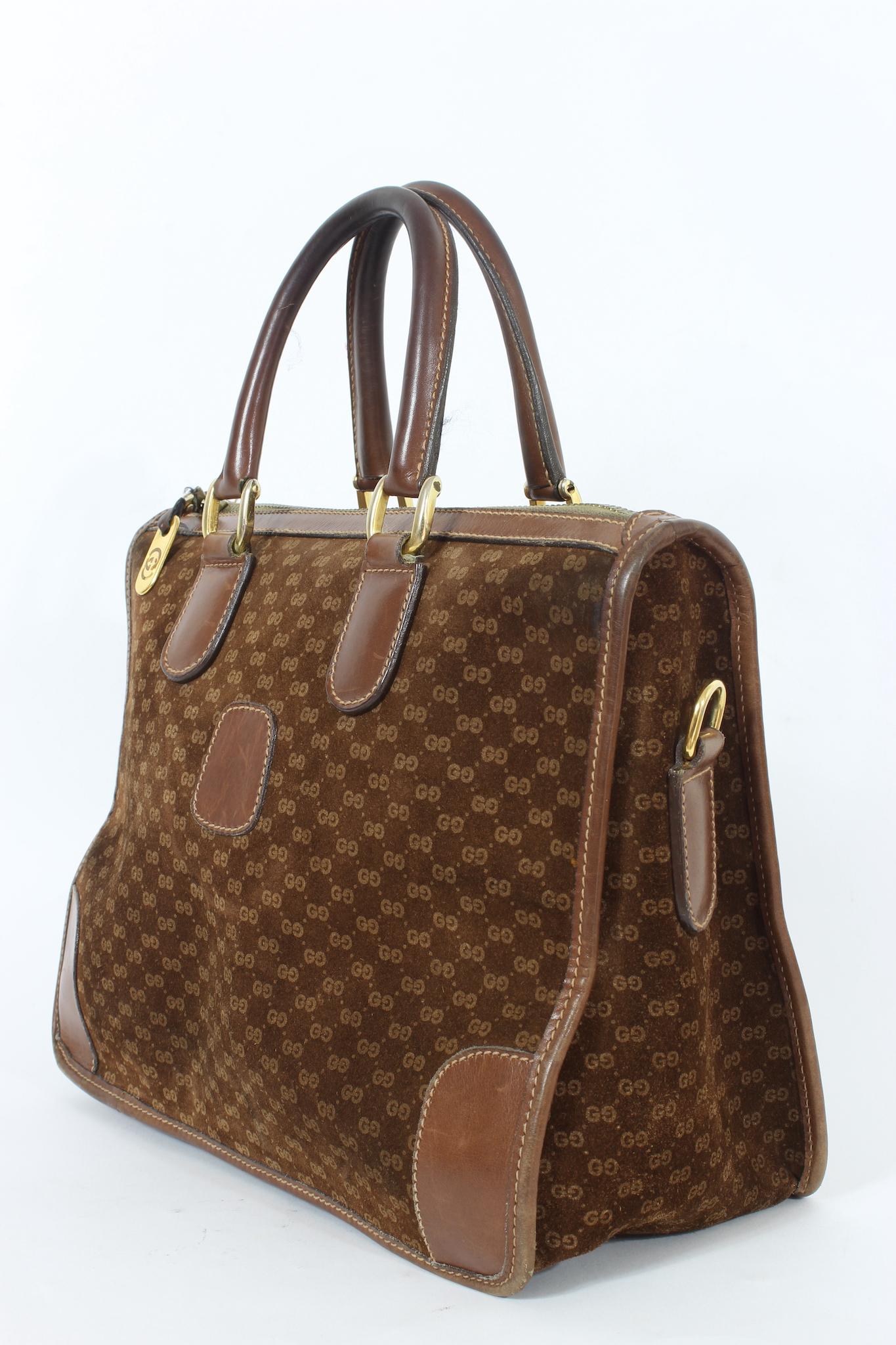 Women's Gucci Brown Suede Leather Monogram Vintage Bag 70s For Sale