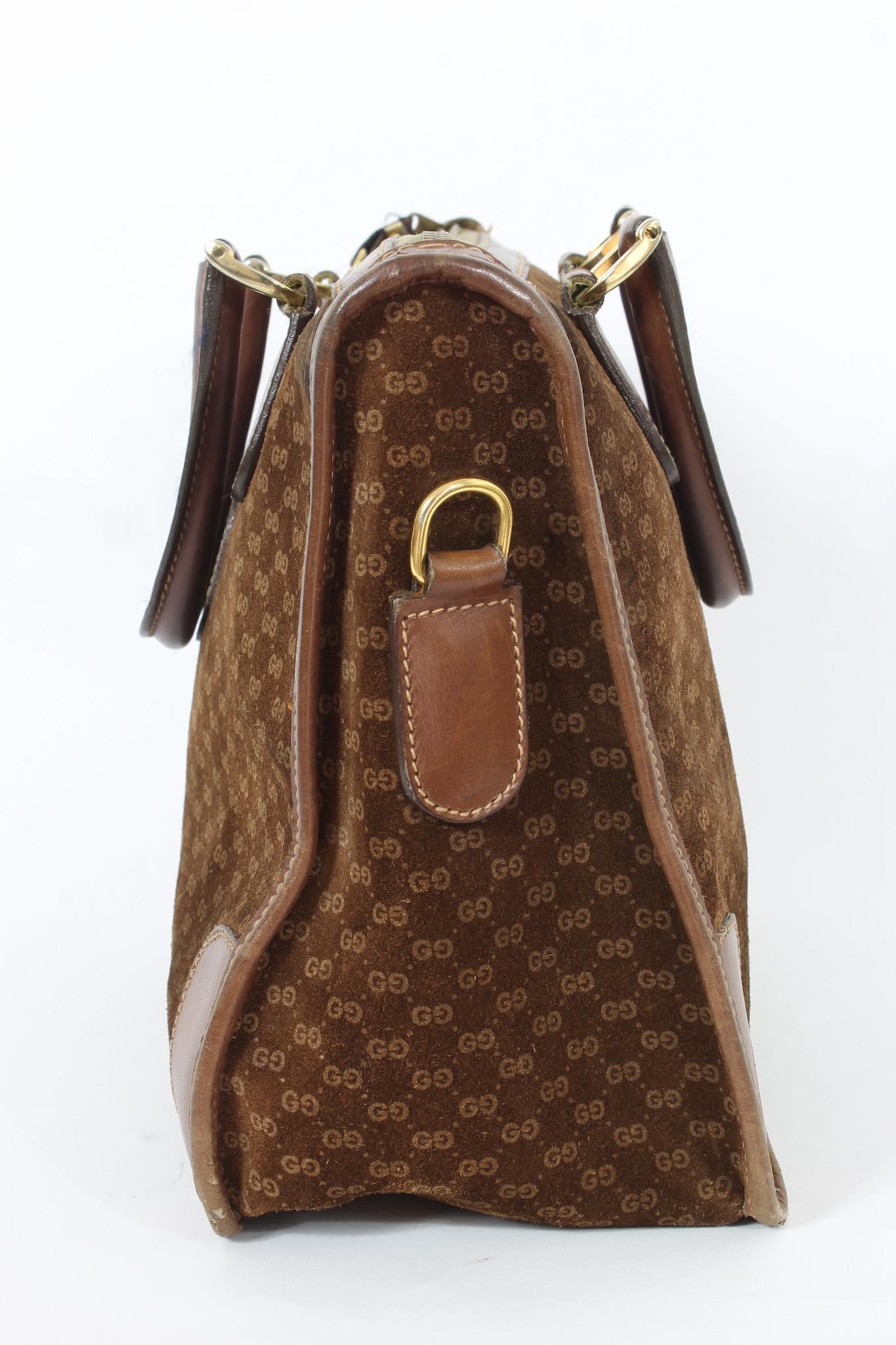 Gucci Brown Suede Leather Monogram Vintage Bag 70s For Sale 1