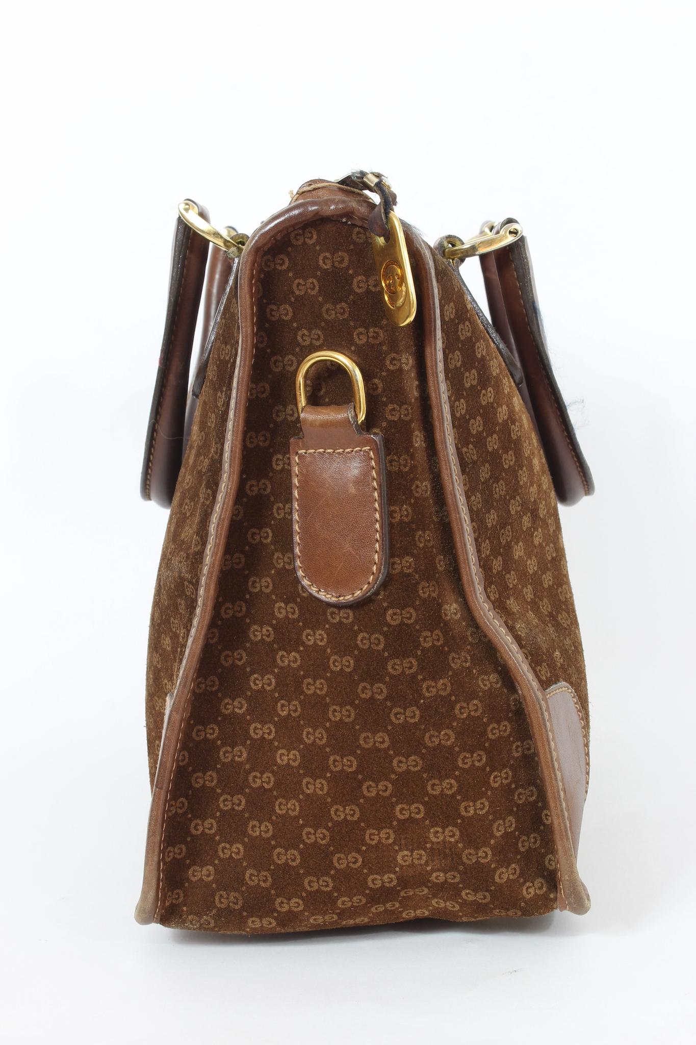Gucci Brown Suede Leather Monogram Vintage Bag 70s For Sale 2