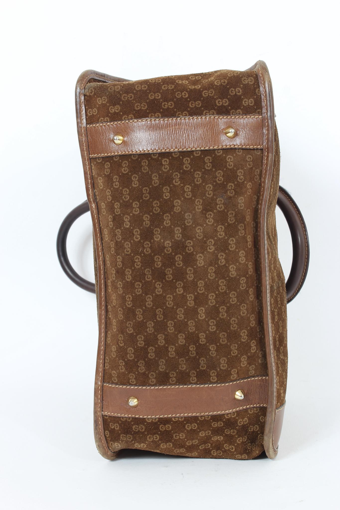 Gucci Brown Suede Leather Monogram Vintage Bag 70s For Sale 3