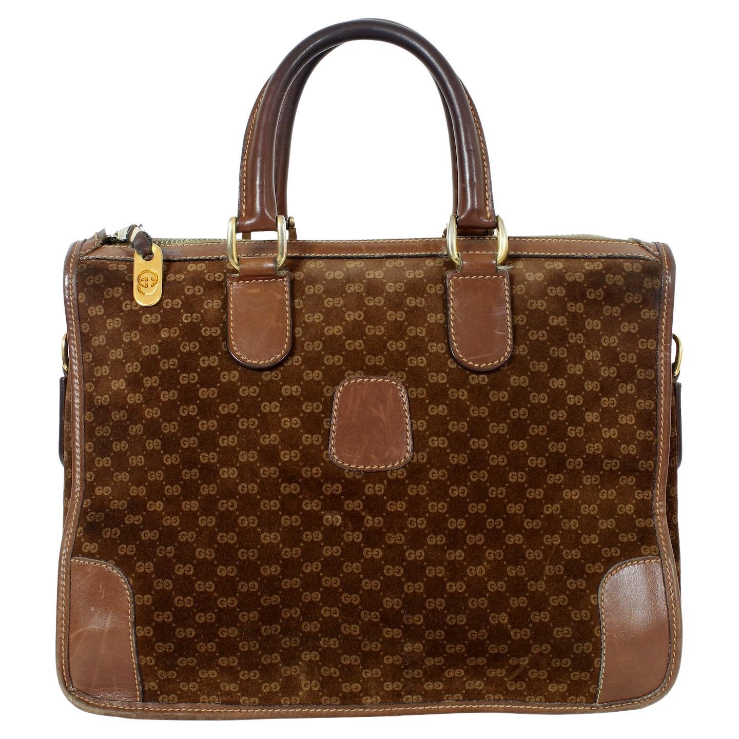 Gucci Brown Suede Leather Monogram Vintage Bag 70s For Sale