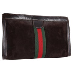 Gucci Brown Suede Leather Ophidia GG Clutch Toiletry Bag