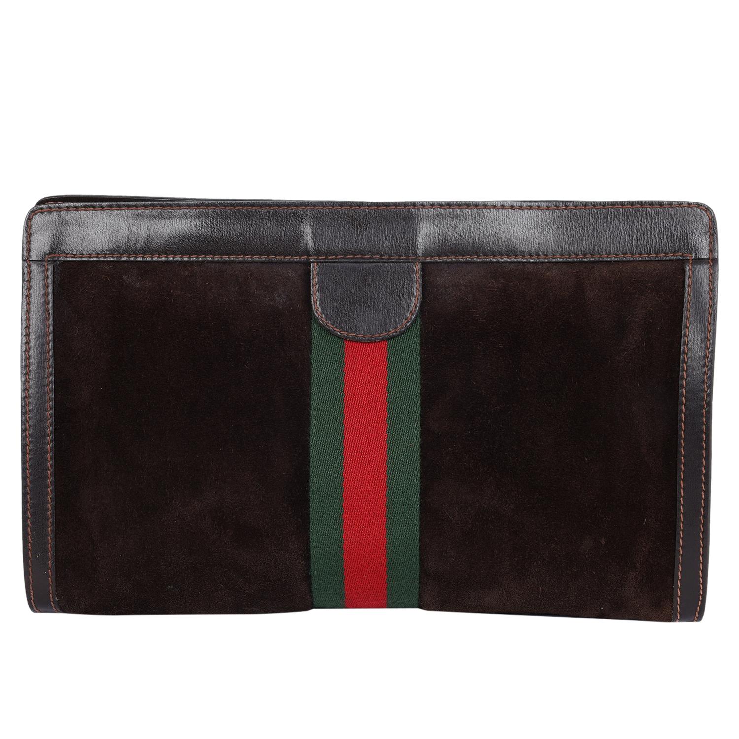 Gucci Brown Suede Leather Ophidia GG Clutch Toiletry Bag  In Fair Condition For Sale In Salt Lake Cty, UT