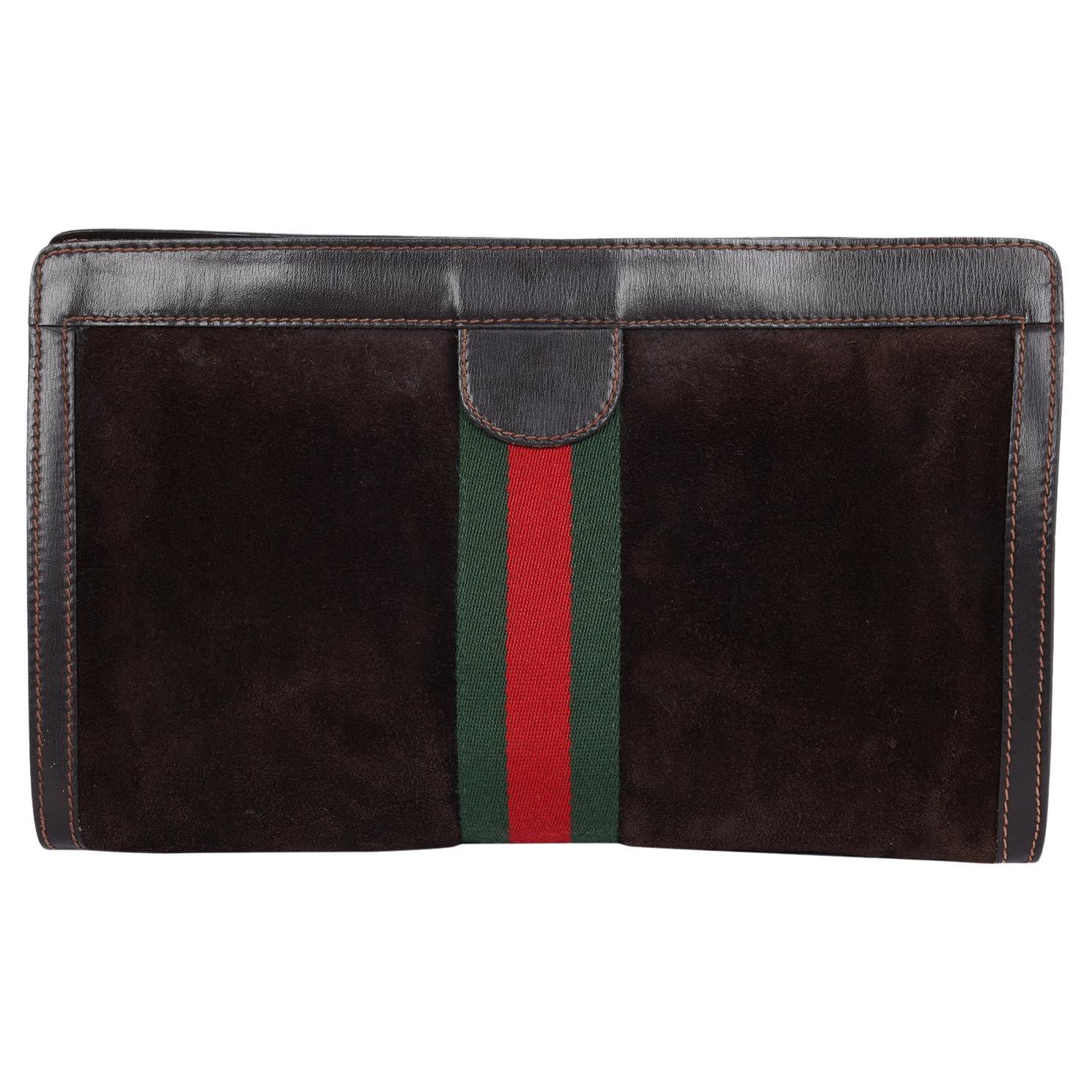 Gucci Brown Suede Leather Ophidia GG Clutch Toiletry Bag  For Sale
