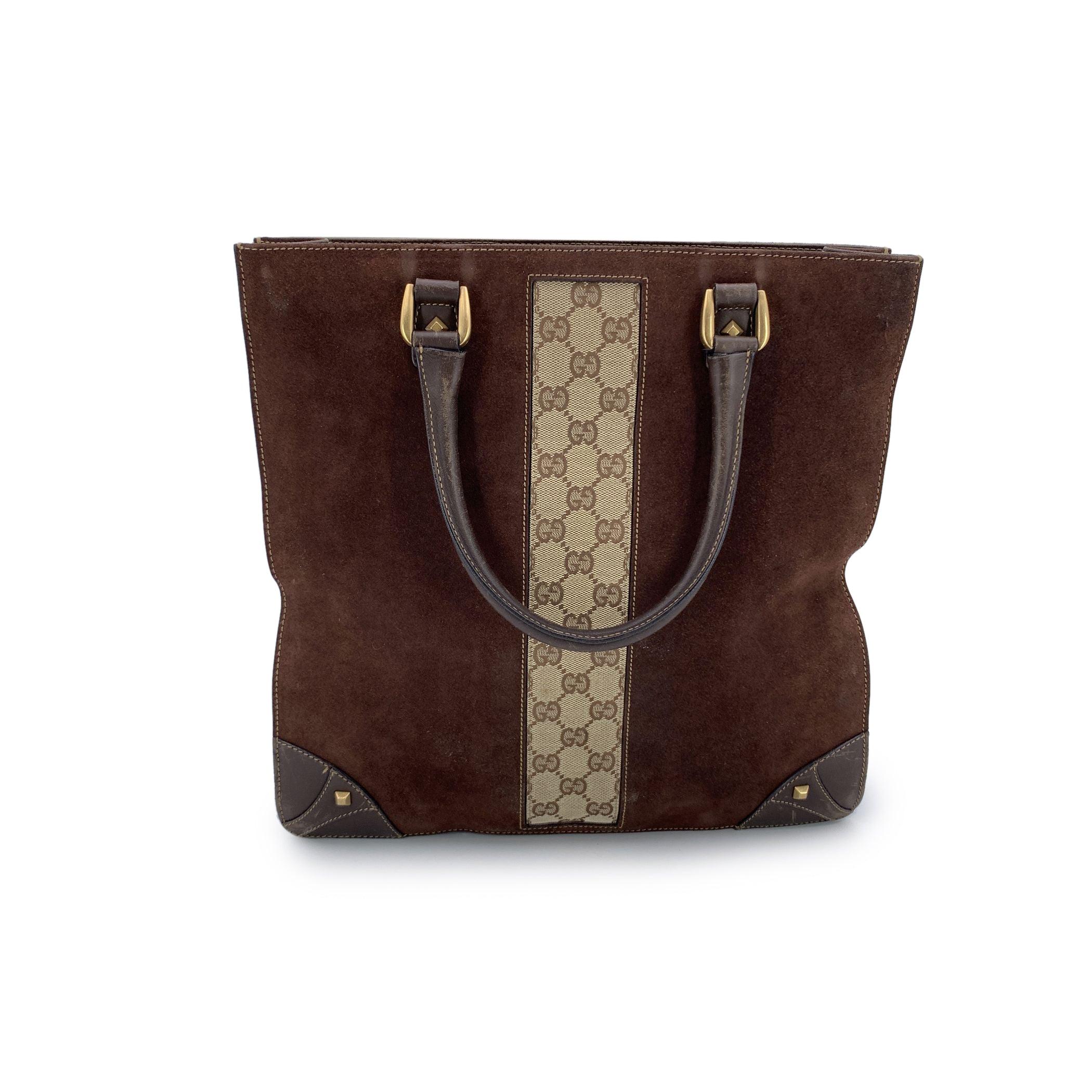 Black Gucci Brown Suede Monogram Nailhead Tote Bag Handbag For Sale