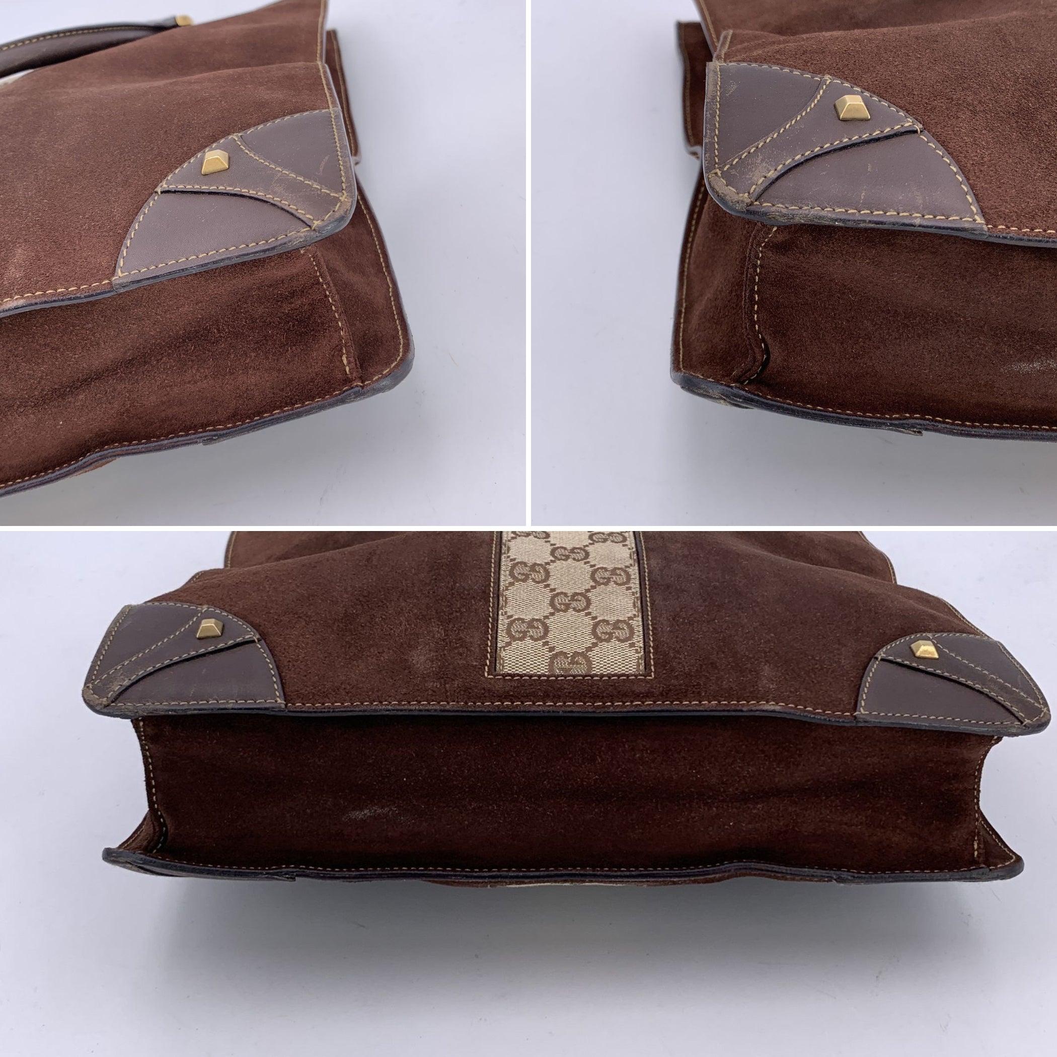 Gucci Brown Suede Monogram Nailhead Tote Bag Handbag For Sale 1