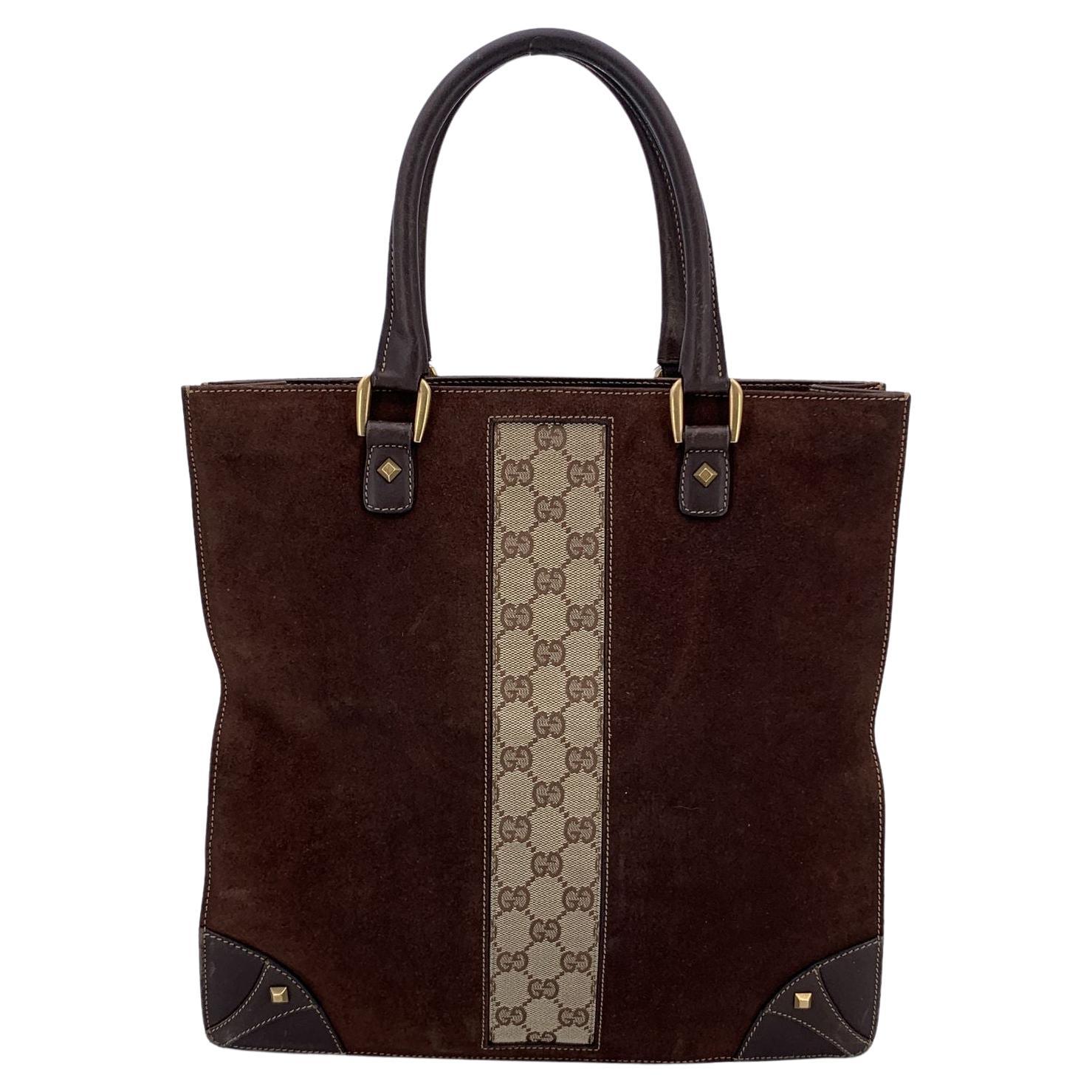 Gucci Brown Suede Monogram Nailhead Tote Bag Handbag For Sale