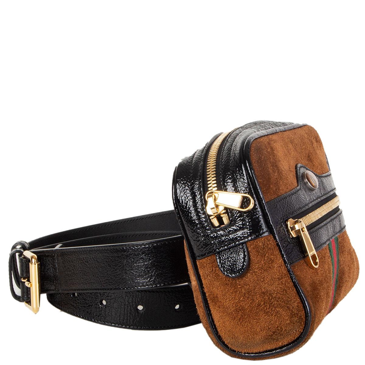 Gucci 'Ophidia' fanny pack in coffee brown suede and black crackled patent leather featuring green and red classic web stripe. Has a zipper front pocket and is lined in nude microfibre with one open pocket against the back. Has been worn with signs