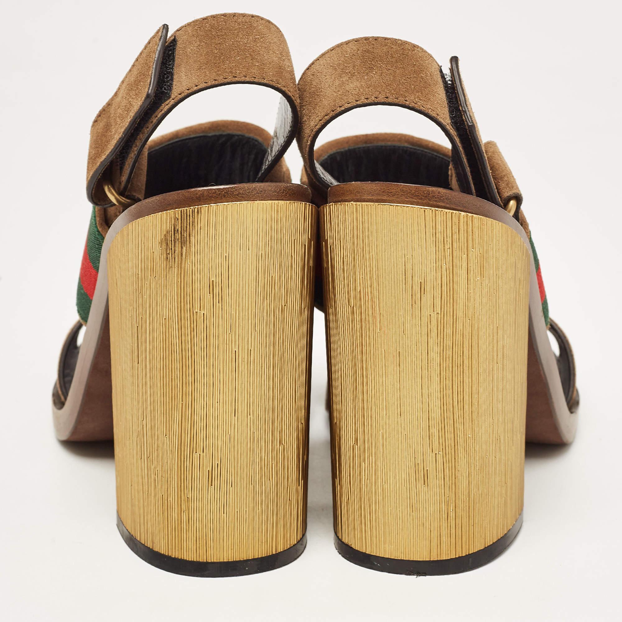 Gucci Brown Suede Web Horsebit Block Heel Slingback Sandals Size 37.5 en vente 1
