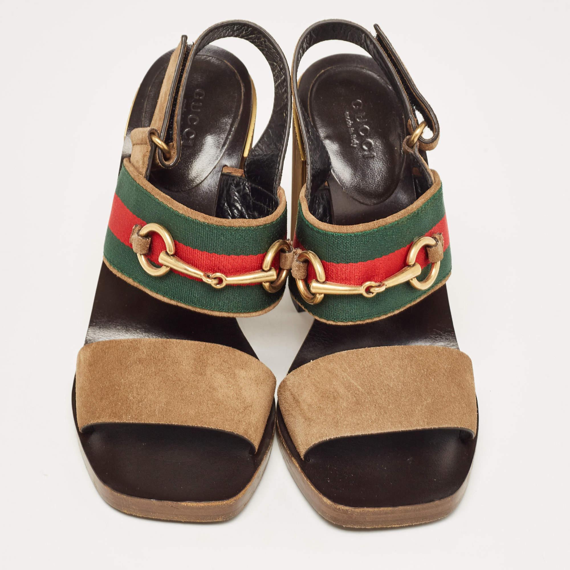 Gucci Brown Suede Web Horsebit Block Heel Slingback Sandals Size 37.5 For Sale 3