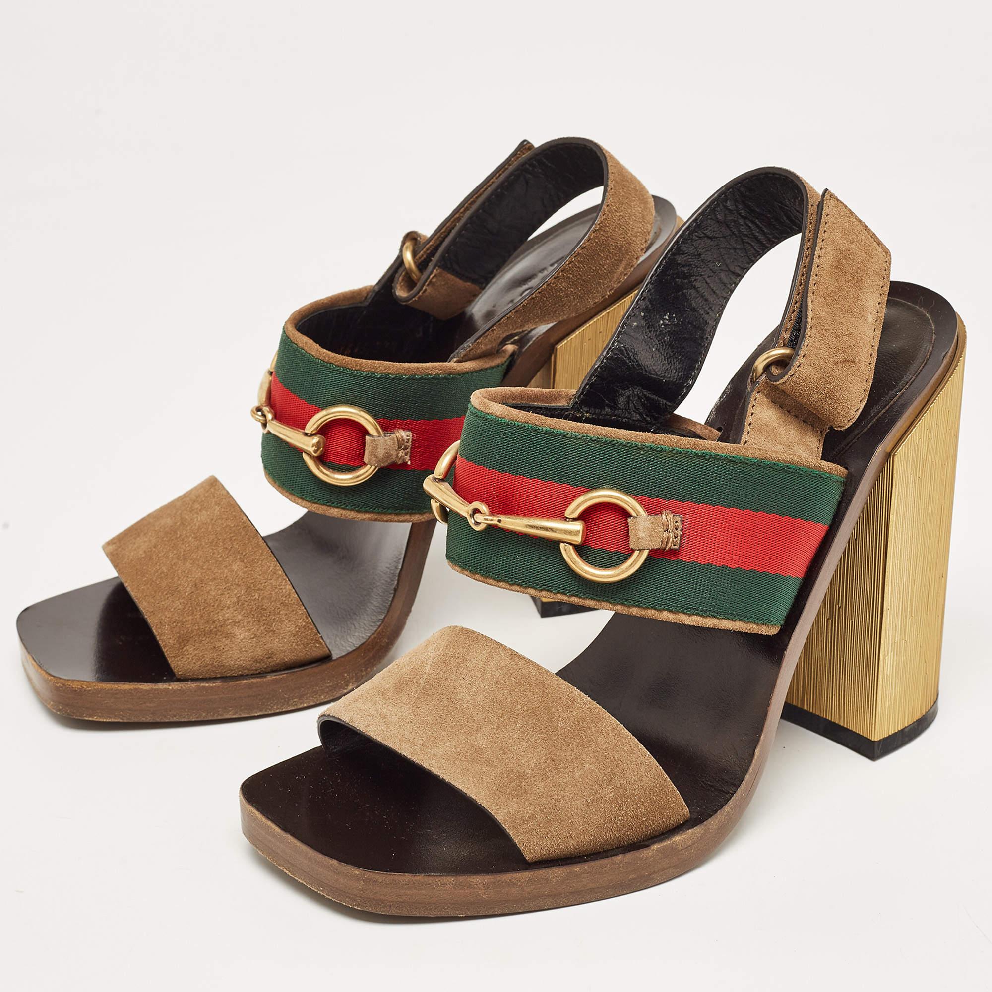 Gucci Brown Suede Web Horsebit Block Heel Slingback Sandals Size 37.5 3