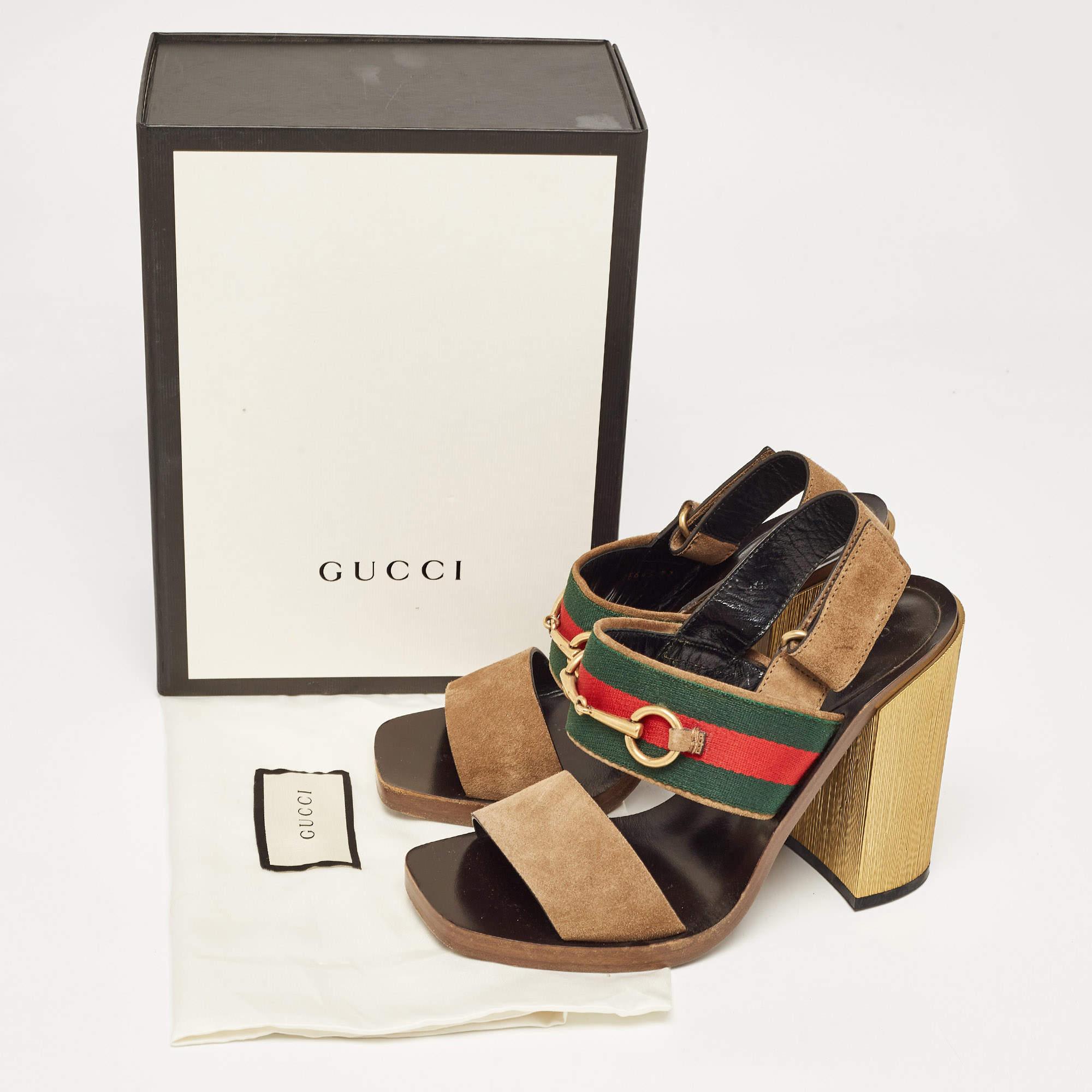 Gucci Brown Suede Web Horsebit Block Heel Slingback Sandals Size 37.5 For Sale 5