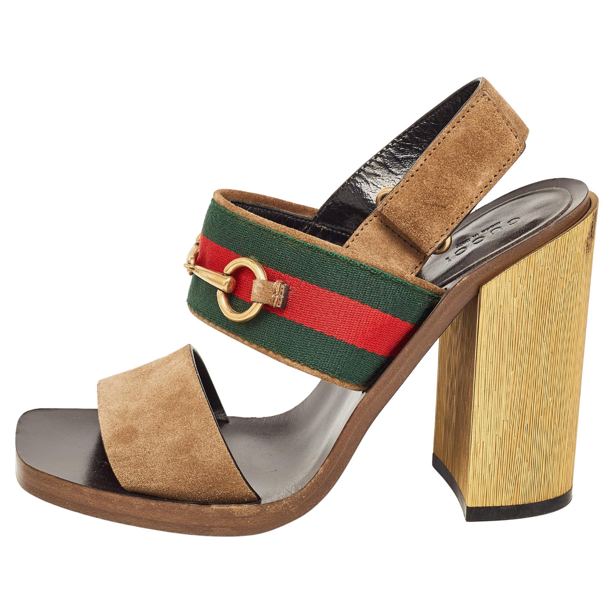 Gucci Brown Suede Web Horsebit Block Heel Slingback Sandals Size 37.5 For Sale
