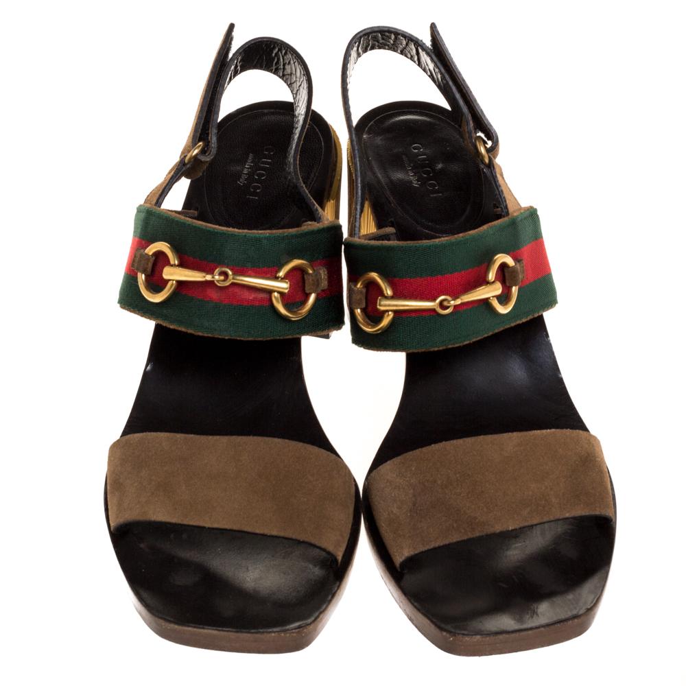 These sandals from Gucci are stylish and spell sophistication. They are made from brown suede and flaunt signature web straps on the uppers, open toes, slingback, and block heels with sturdy soles to provide you with maximum comfort when walking.