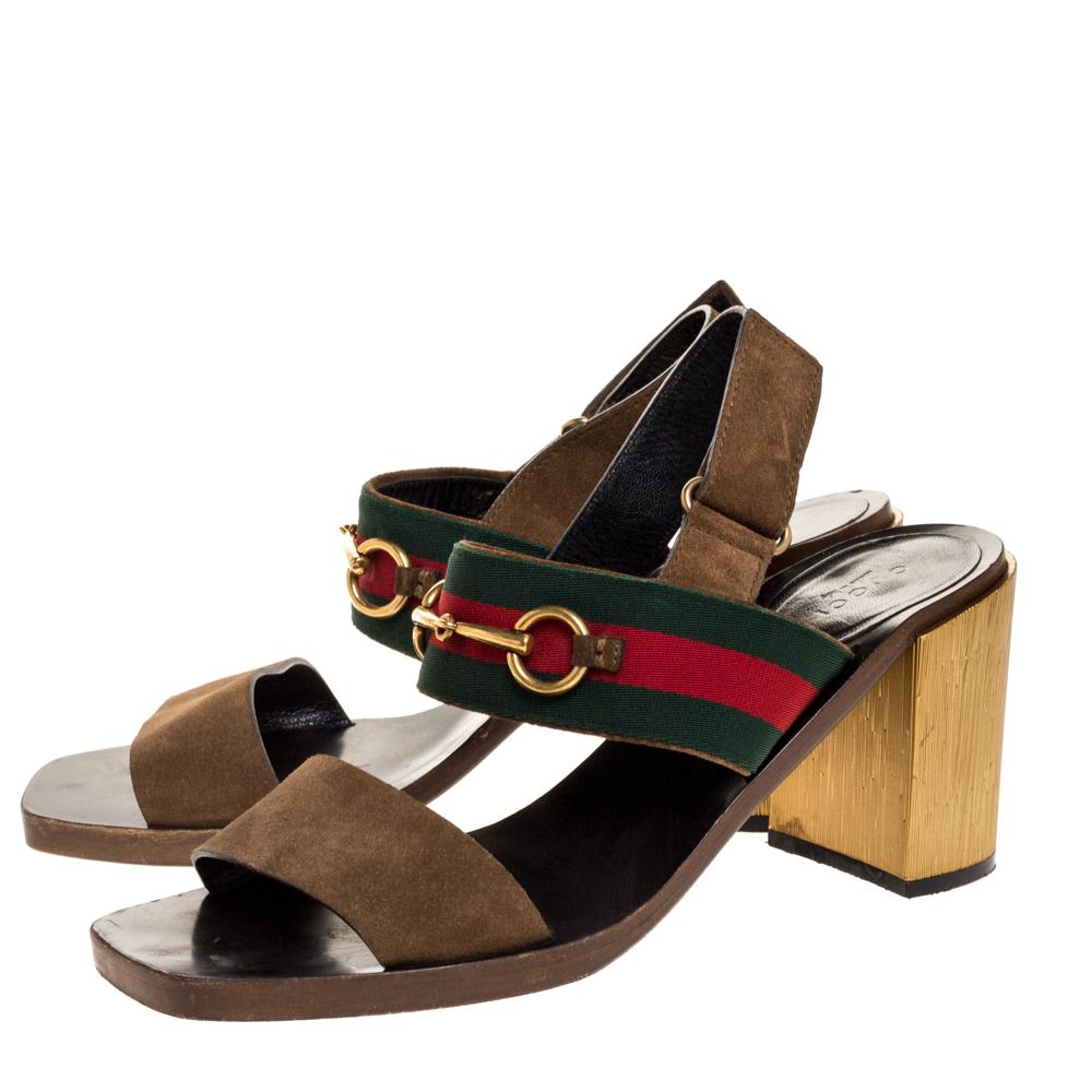 Gucci Brown Suede Web Horsebit Slingback Block Heel Sandals Size 40.5 In Good Condition In Dubai, Al Qouz 2