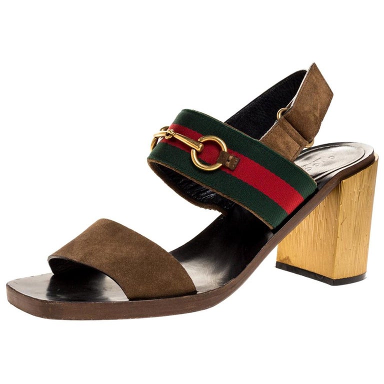 Gucci Brown Suede Web Horsebit Slingback Block Heel Sandals Size 40.5 at  1stDibs | gucci rain boots, gucci sandals, mid heel sandals
