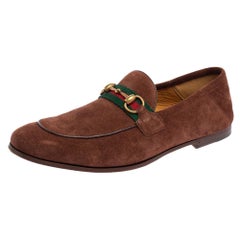 Gucci Brown Suede Web Slip On Loafers Size 41.5
