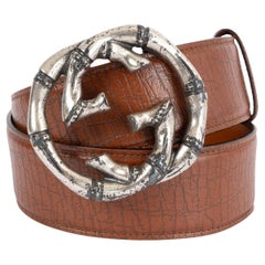 GUCCI brown textured leather BAMBOO GG BUCKLE Belt 85