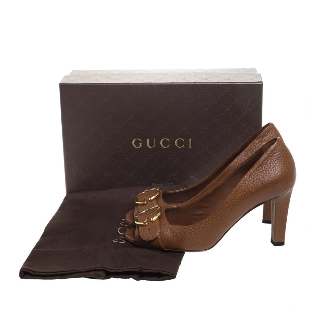 Gucci Brown Textured Leather GG Buckle Peep Toe Pumps Size 38 4