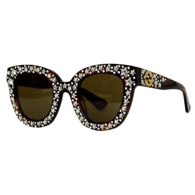 Gucci Brown Tortoise Cat Eye Acetate Sunglasses w/ Crystal Stars rt. $1,085  For Sale at 1stDibs