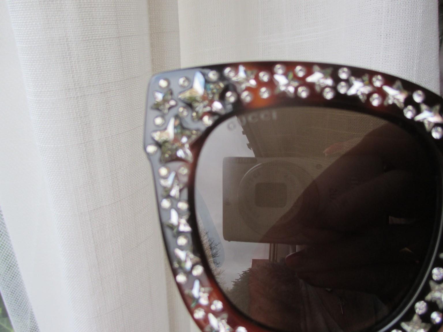 Gray Gucci Brown Tortoise Cat Eye Sunglasses Crystal Stars 