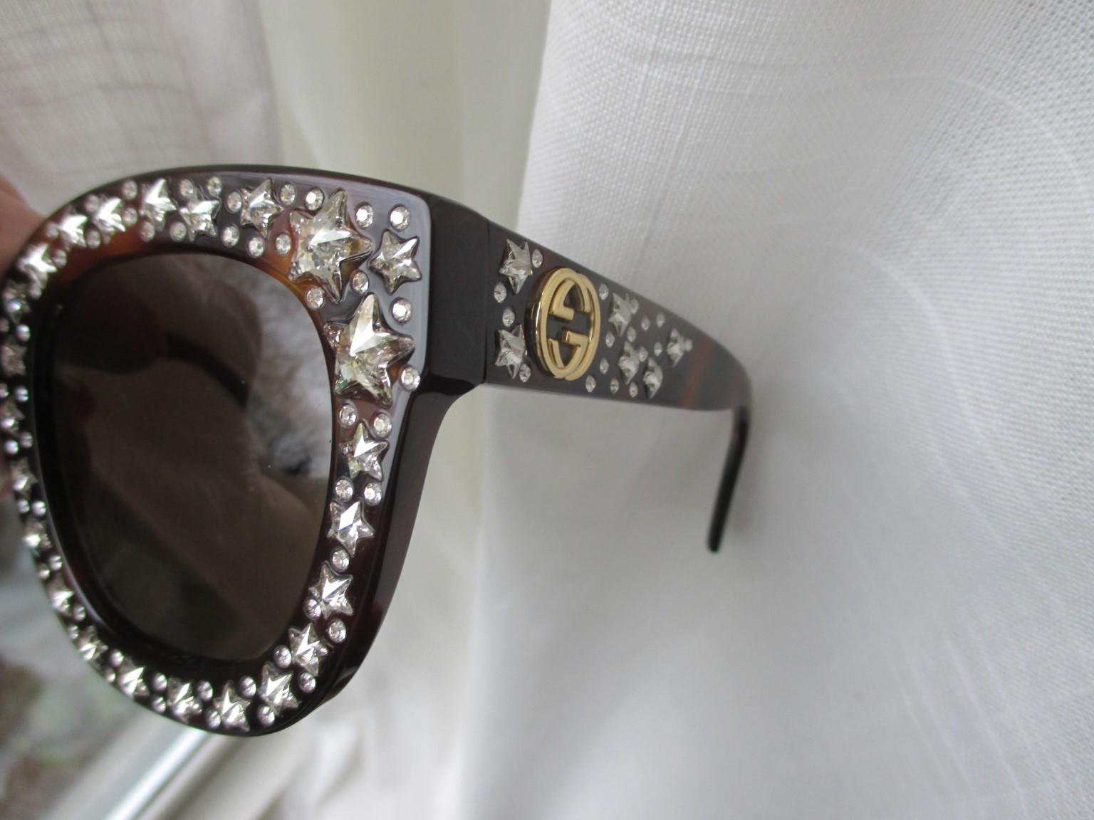 Gucci Brown Tortoise Cat Eye Sunglasses Crystal Stars  1