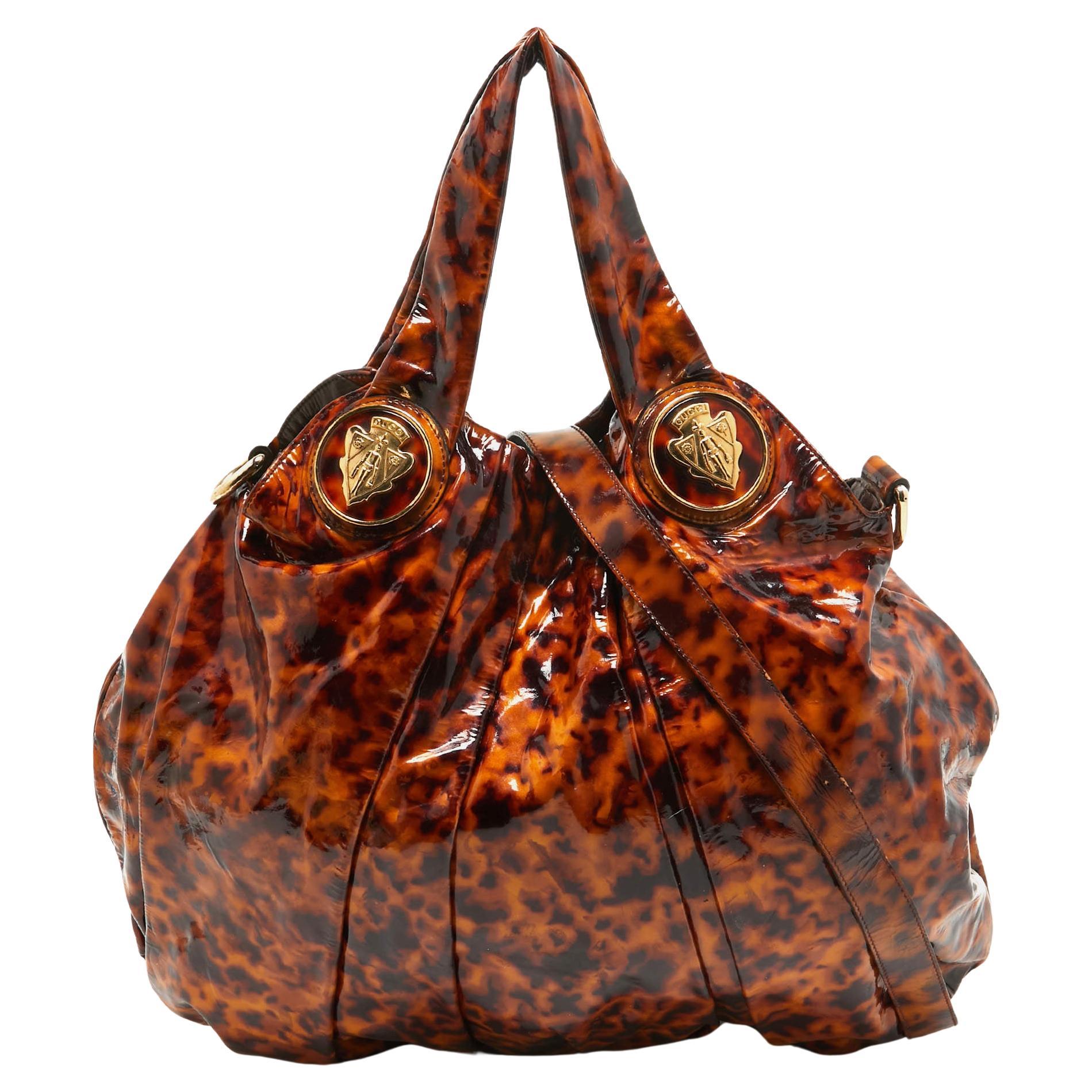 Gucci Brown Tortoise Print Patent Leather Large Hysteria Hobo For Sale