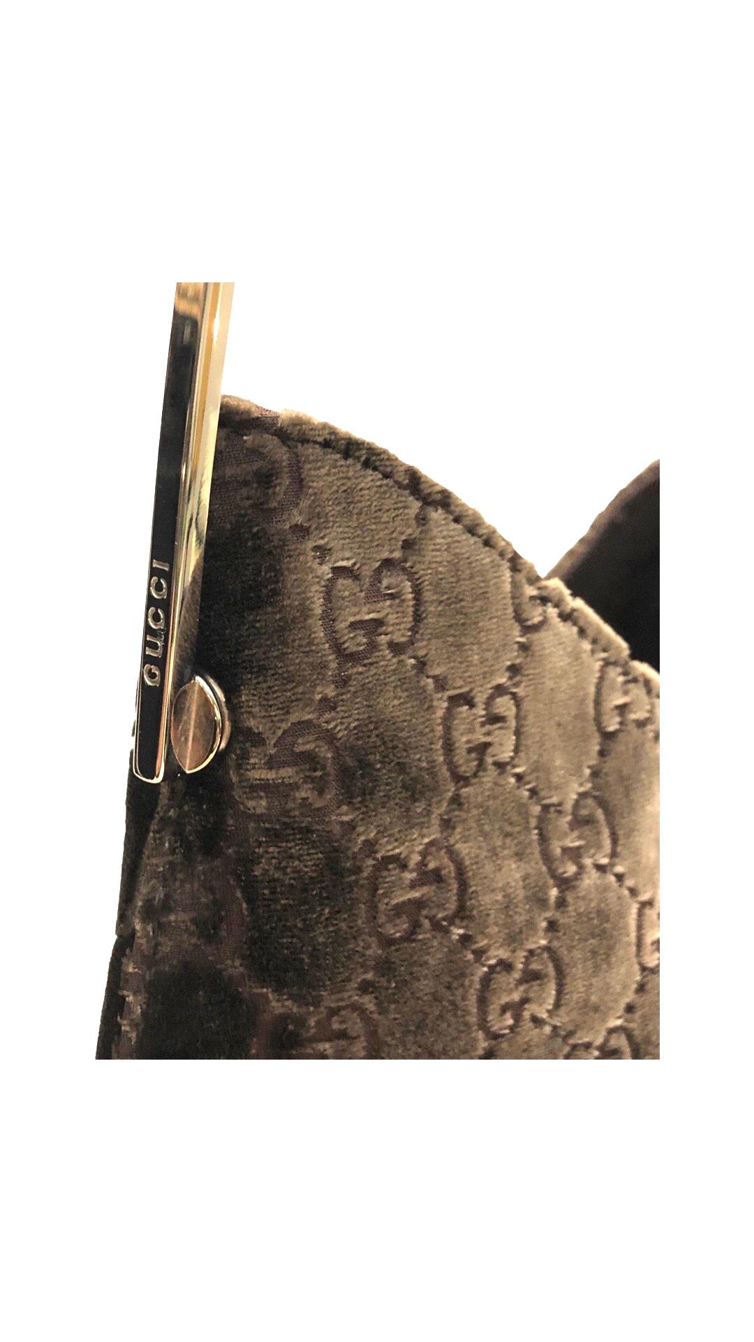 Gucci Brown Velvet Monogram Silver Plated Handle Shoulder Bag In Excellent Condition In Sheung Wan, HK
