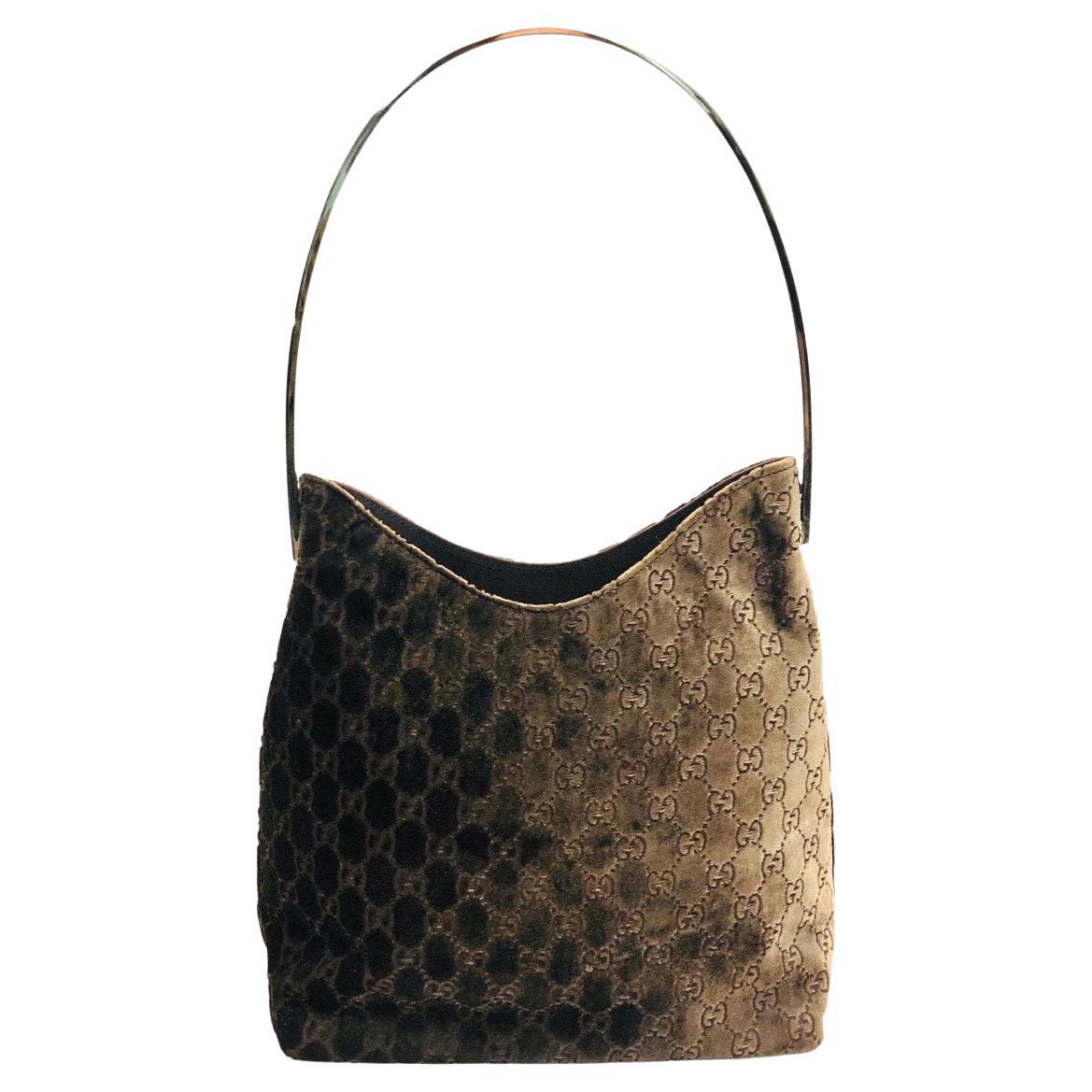 Gucci Brown Velvet Monogram Silver Plated Handle Shoulder Bag