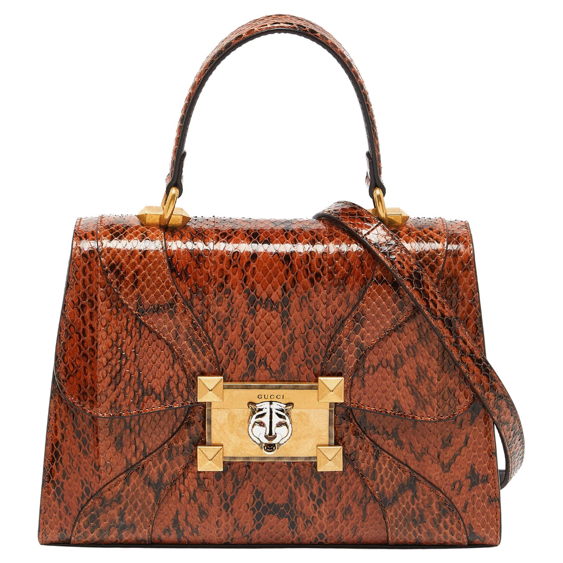 Gucci Brown Watersnake Leather Osiride Top Handle Bag For Sale