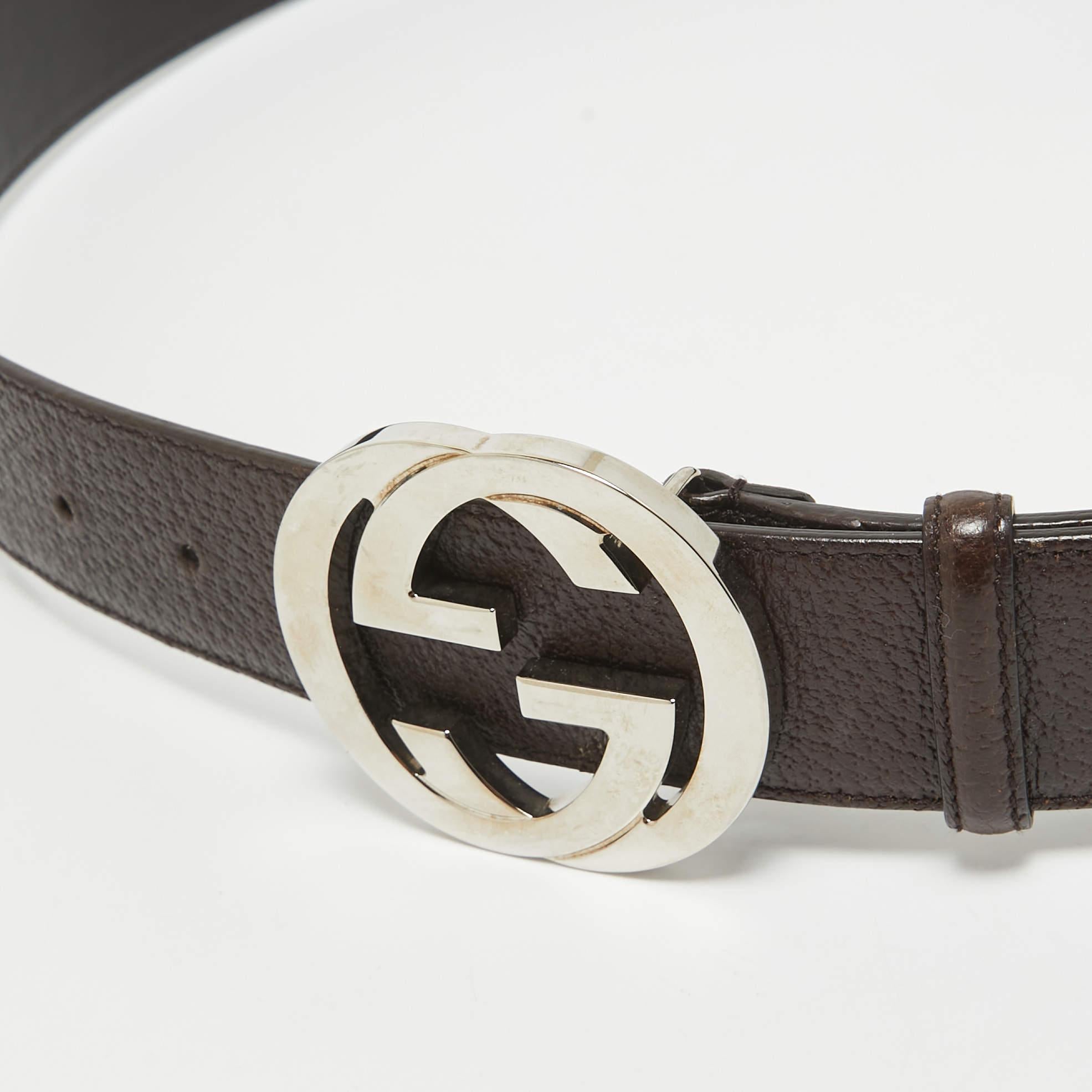 Gucci Brown Web Canvas und Leder Interlocking G Schnalle Gürtel 95CM (Grau) im Angebot
