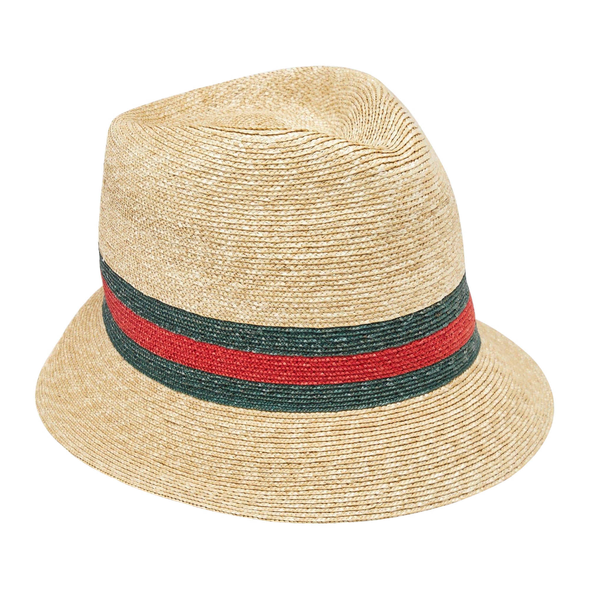 Gucci Brown Web Straw Fedora Hat