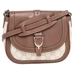 Gucci Brown/White GG Supreme Canvas and Leather Stirrup Flap Shoulder Bag