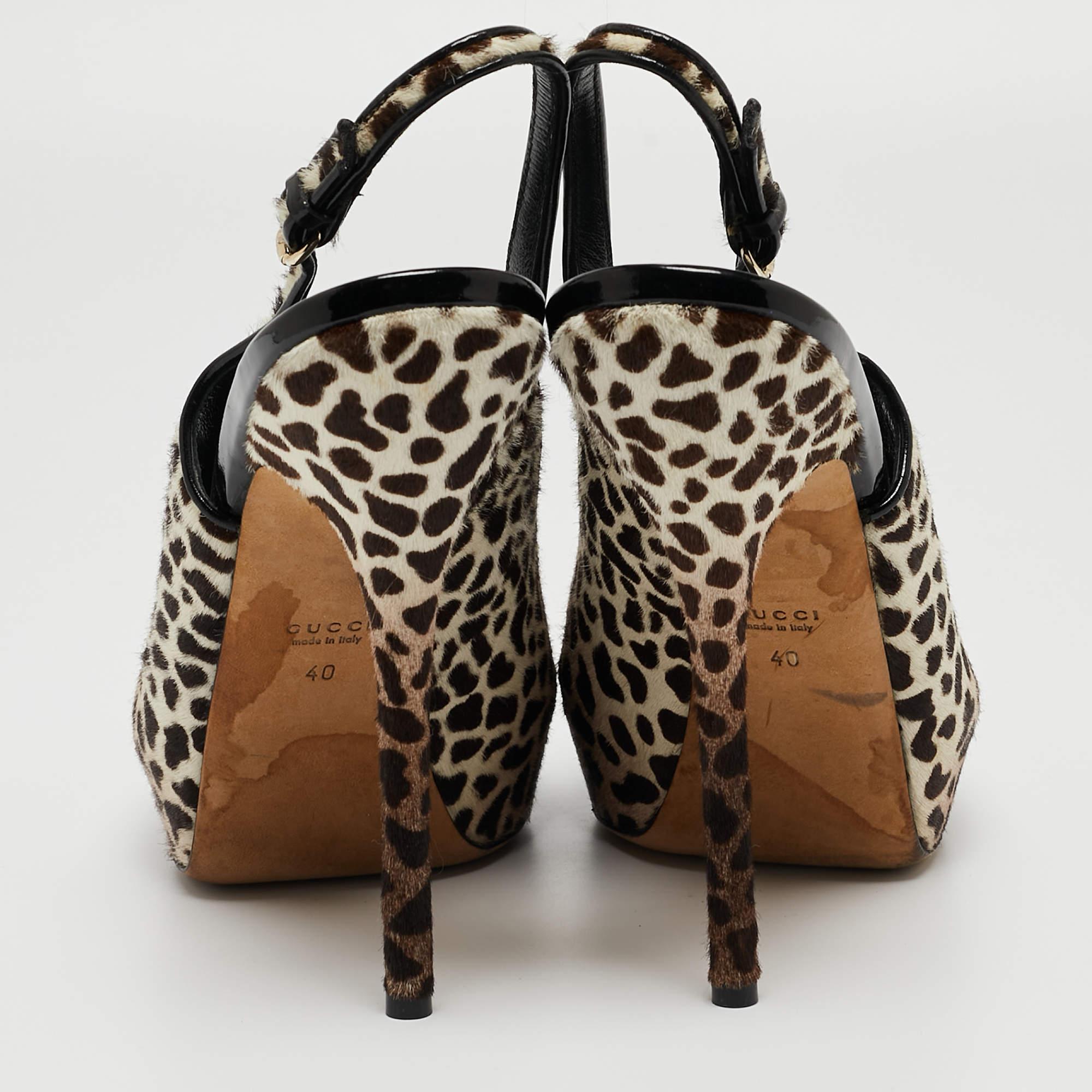 Gucci Brown/White Leopard Print Calf Hair Sofia Platform Slingback Pumps Size 40 (escarpins à plateforme en poils de veau imprimés léopard) Excellent état - En vente à Dubai, Al Qouz 2