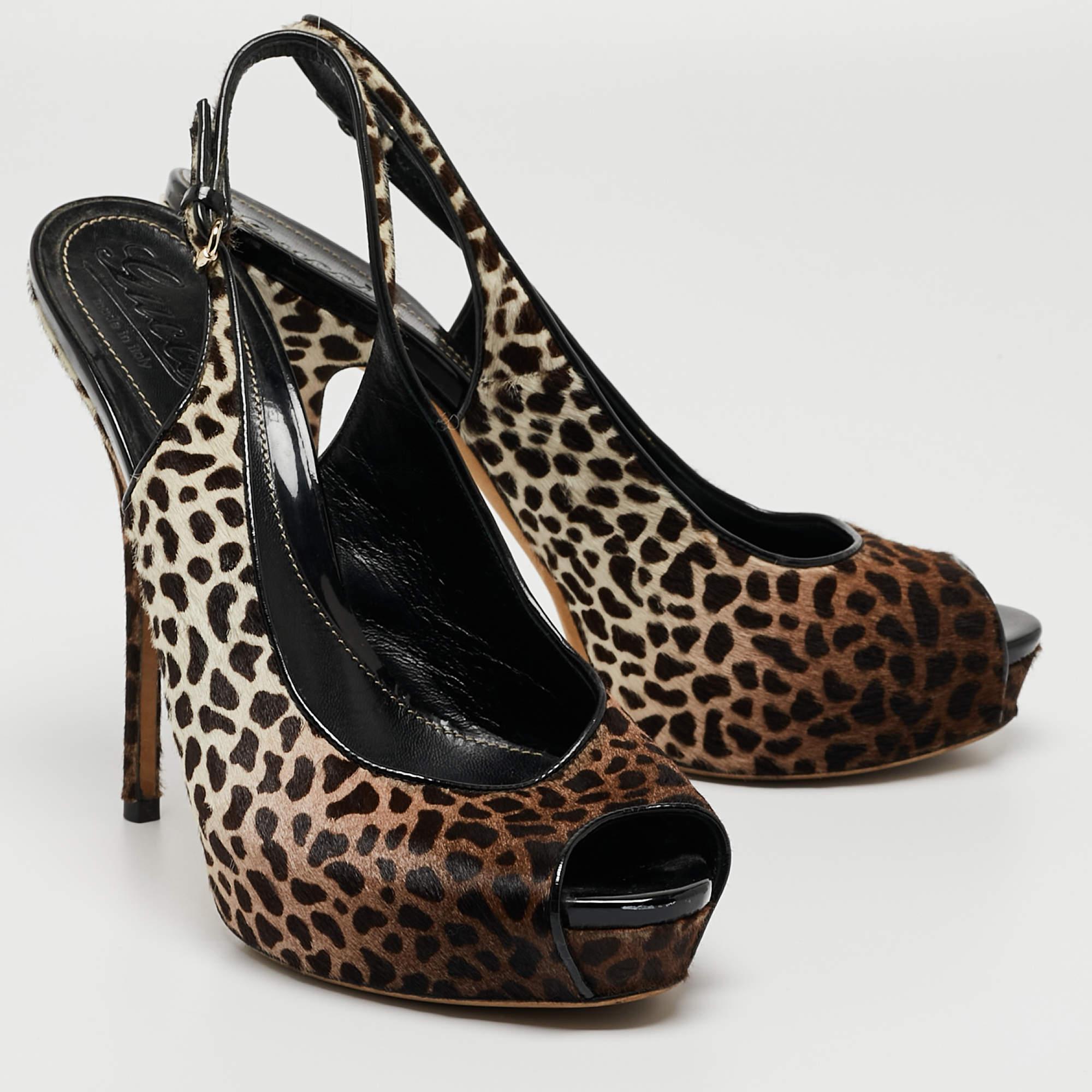 Gucci Brown/White Leopard Print Calf Hair Sofia Platform Slingback Pumps Size 40 For Sale 1