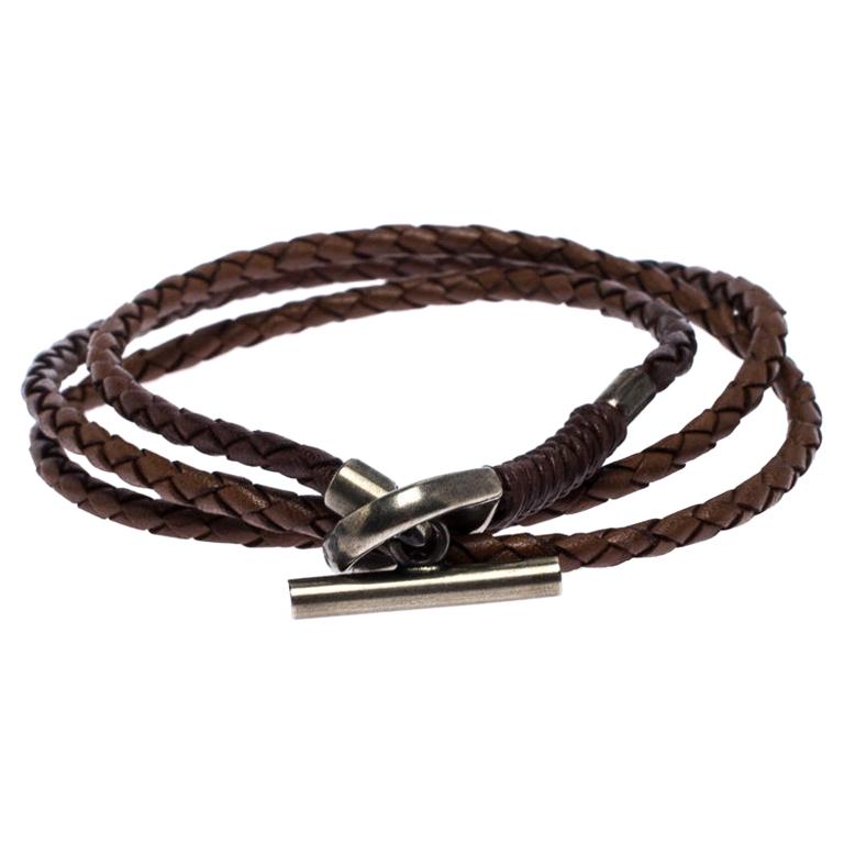 Gucci Brown Woven Leather Silver Wrap Toggle Bracelet