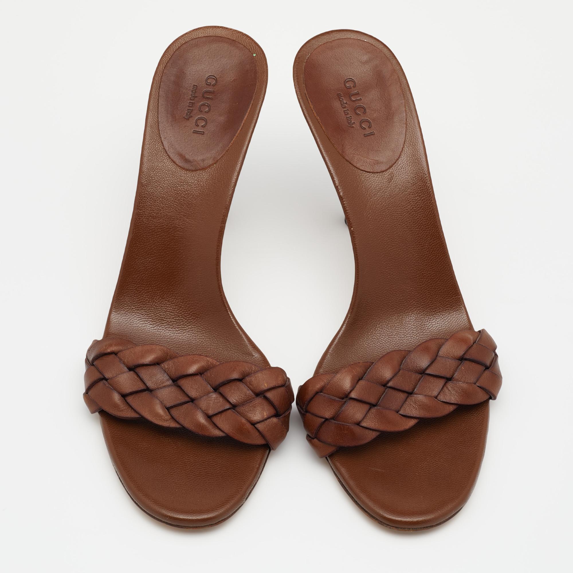 Gucci Brown Woven Leather Slide Sandals Size 36.5 1