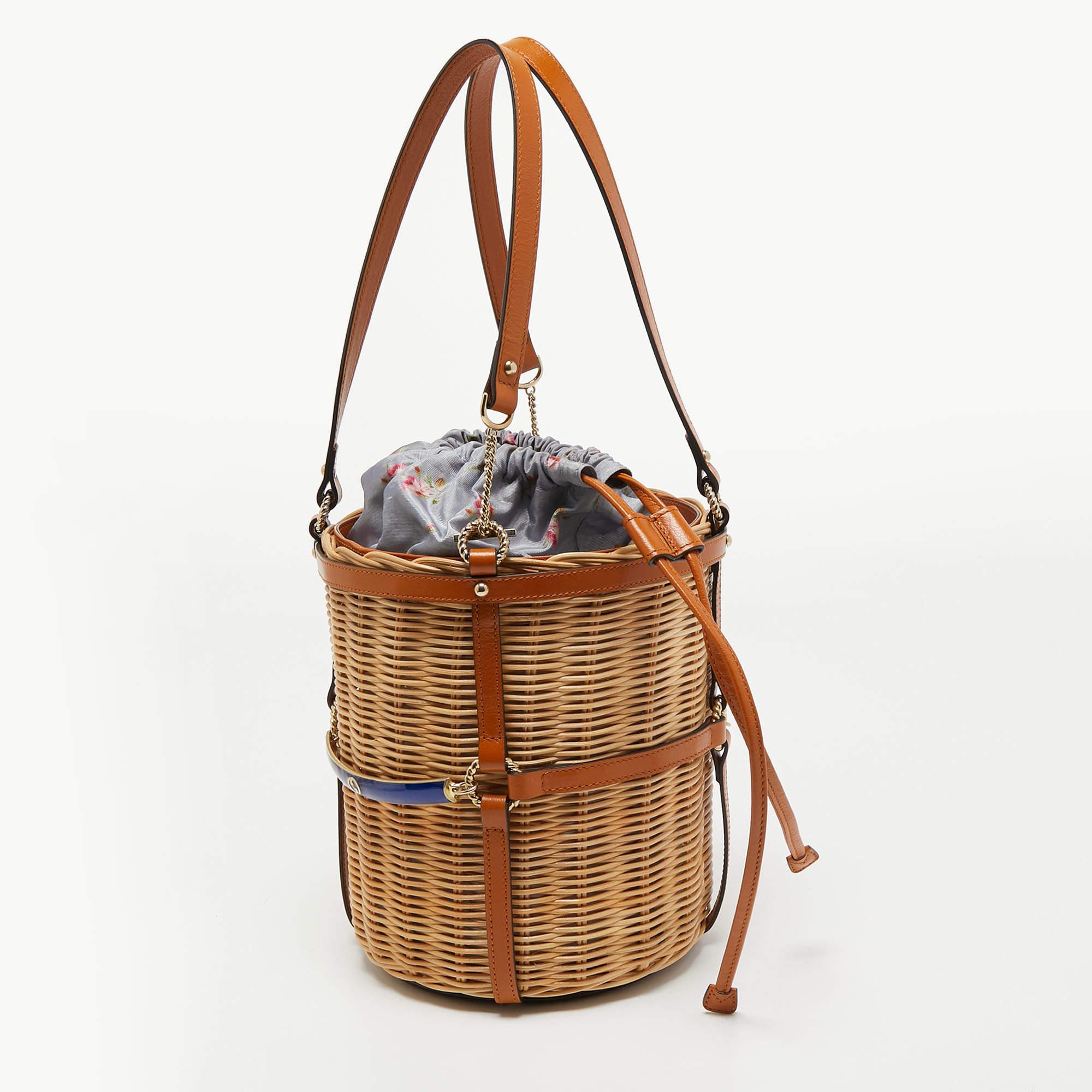 Women's Gucci Brown Woven Rattan and Leather Cestino Wicker Bag