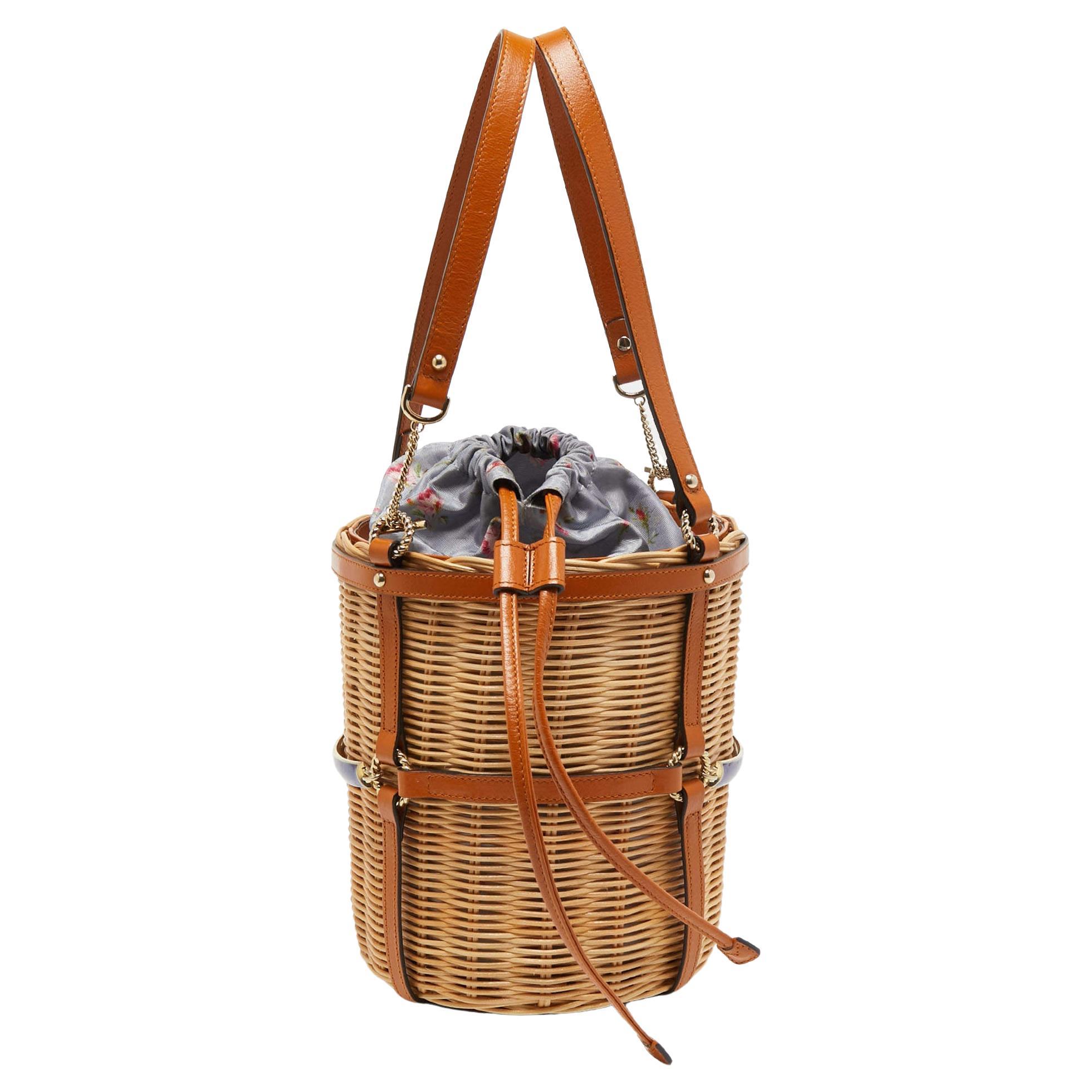 Gucci Brown Woven Rattan and Leather Cestino Wicker Bag