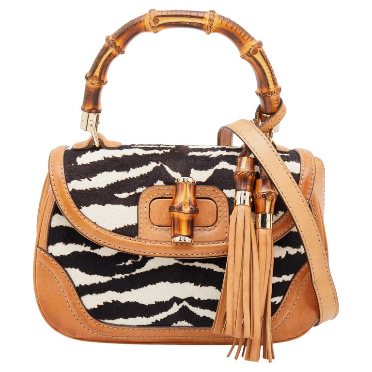 Gucci Brown Zebra Print Calf Hair and Leather Bamboo Top Handle Bag For