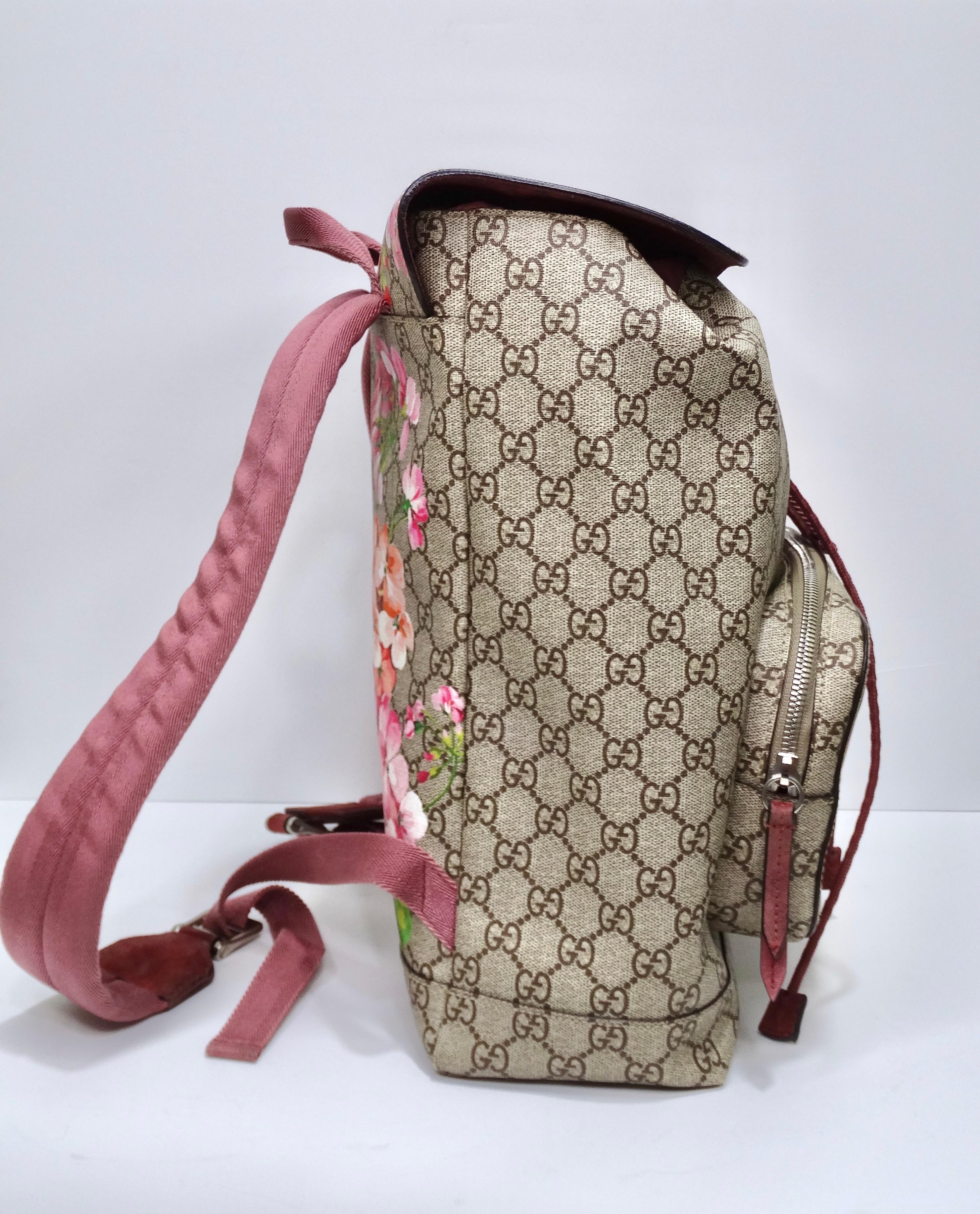 Brown Gucci Buckle Backpack Blooms Print GG Coated Canvas