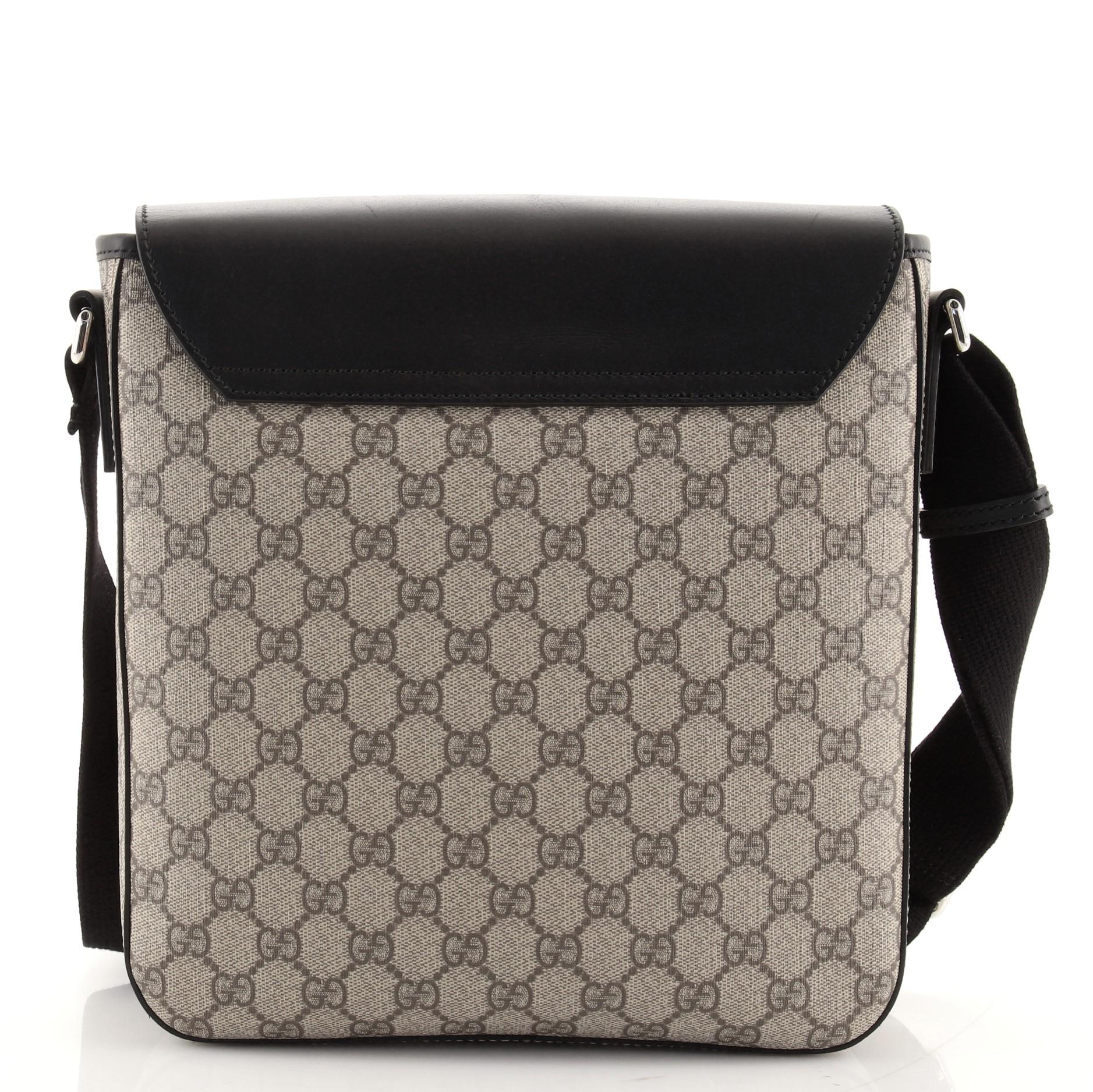Black Gucci Buckle Flap Messenger Bag GG Coated Canvas with Leather Medium