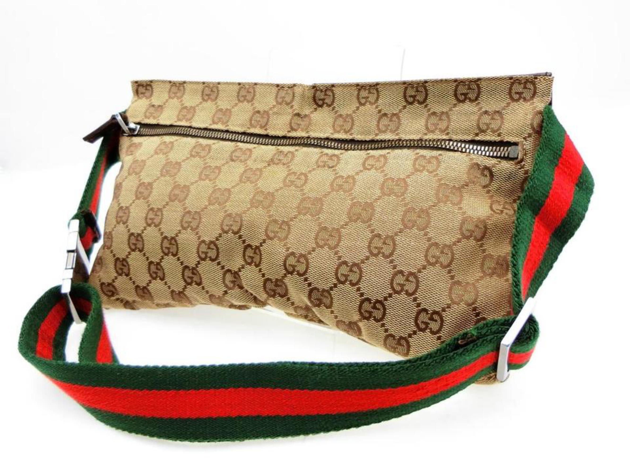 Gucci Bum Web Monogram Belt Pouch 229481 Brown Canvas X Leather Cross Body Bag In Good Condition For Sale In Forest Hills, NY