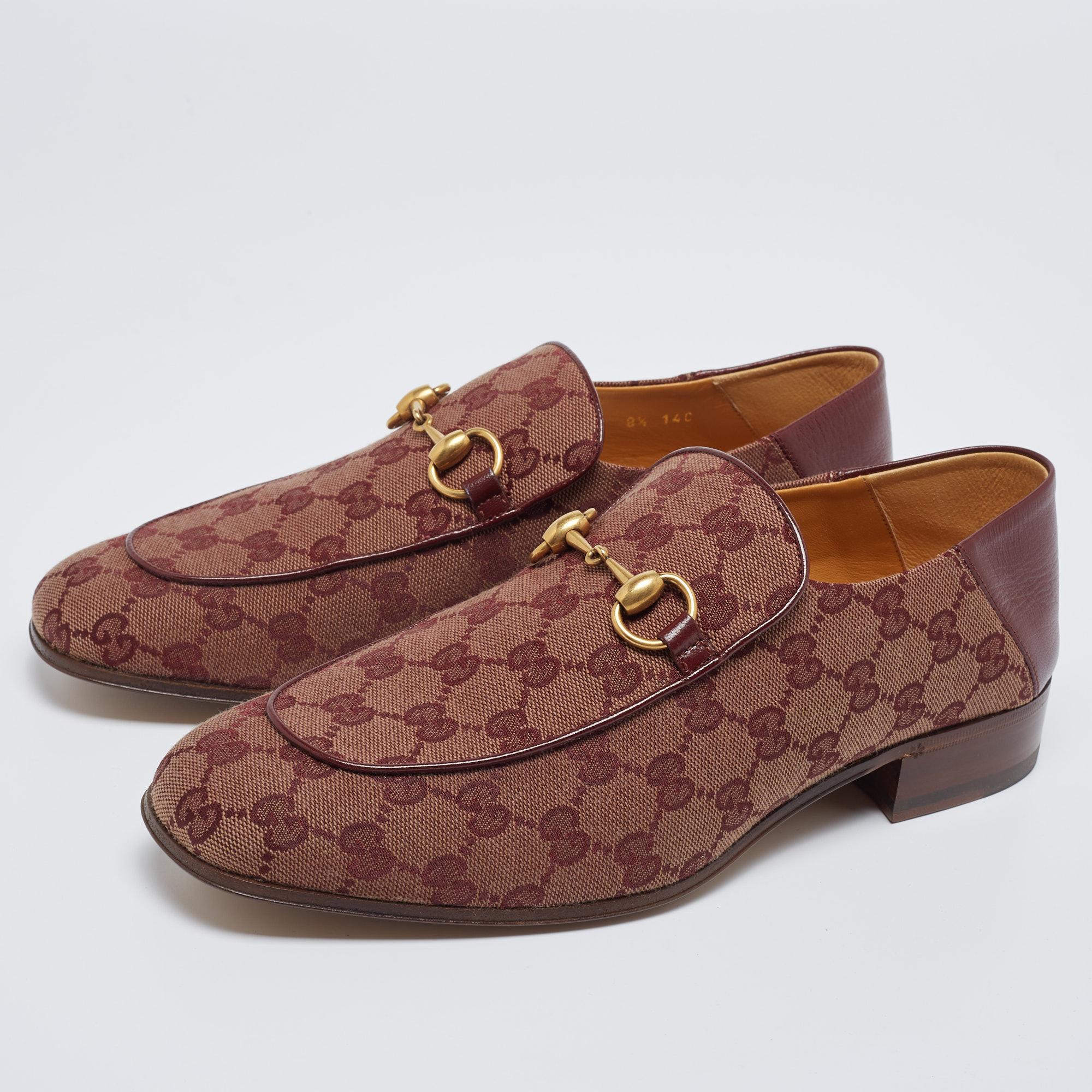 Men's Gucci Burgundy/Beige GG Canvas Quentin Horsebit Slip On Loafers Size 42.5