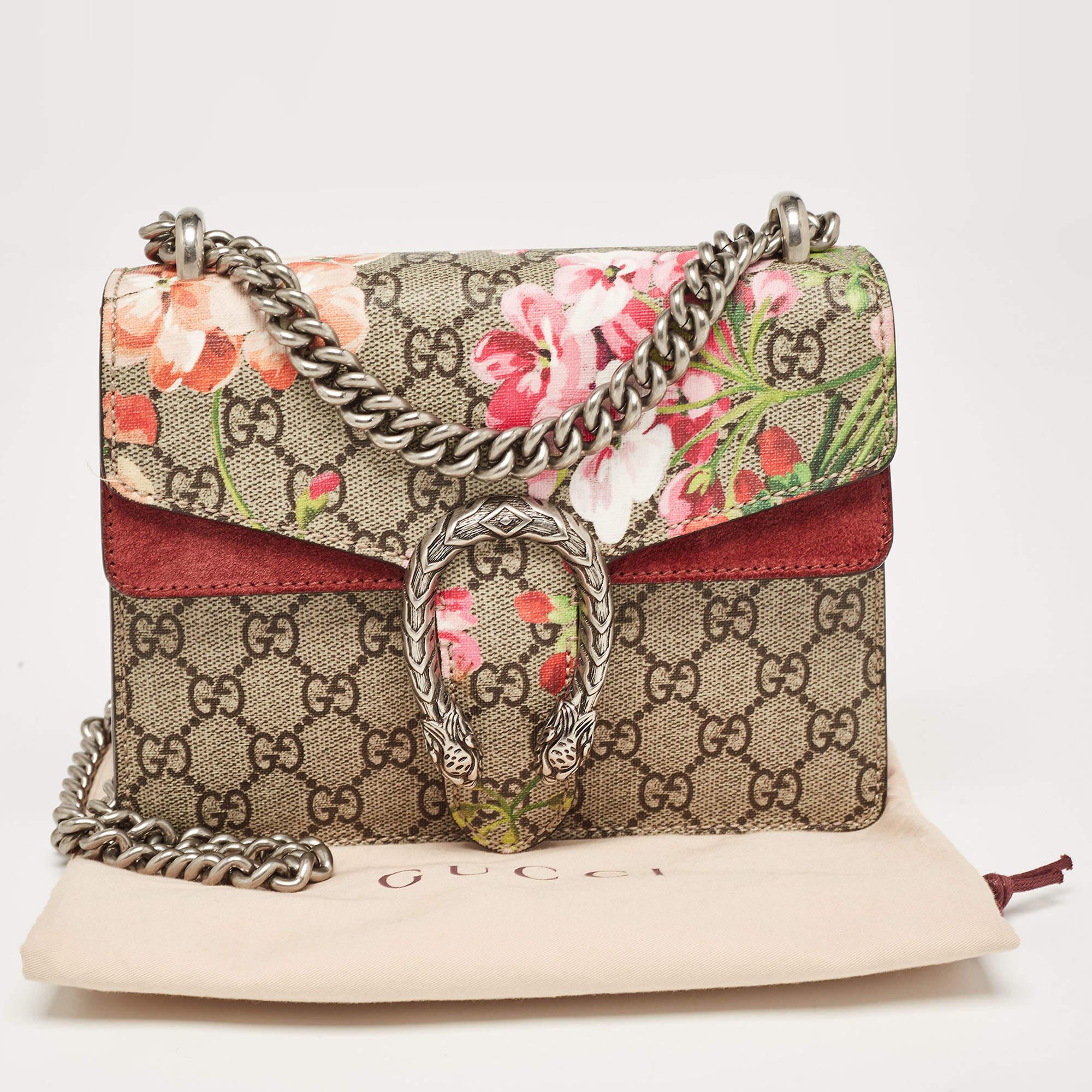 Gucci Burgundy/Beige GG Supreme Canvas and Suede Mini Blooms Dionysus Shoulder B For Sale 6